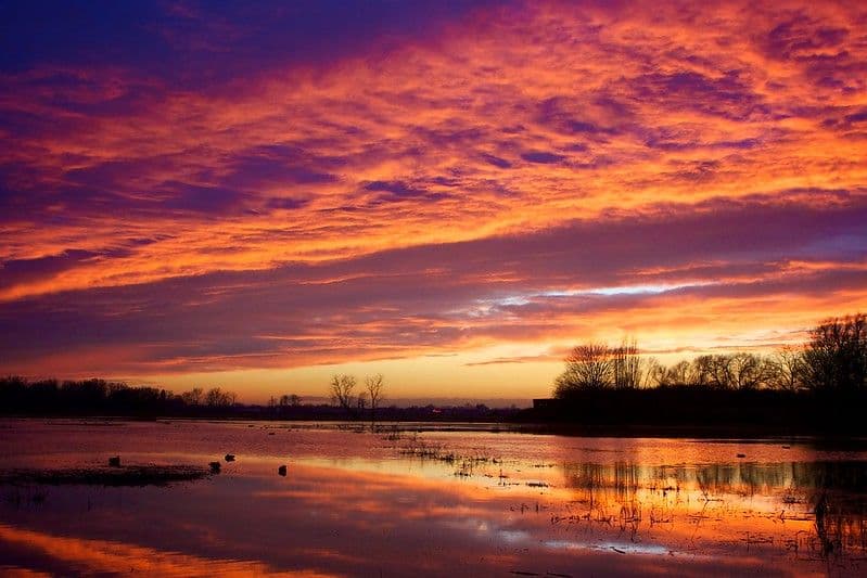 Zonsopgang over ondergelopen weiden in De Bourgoyen